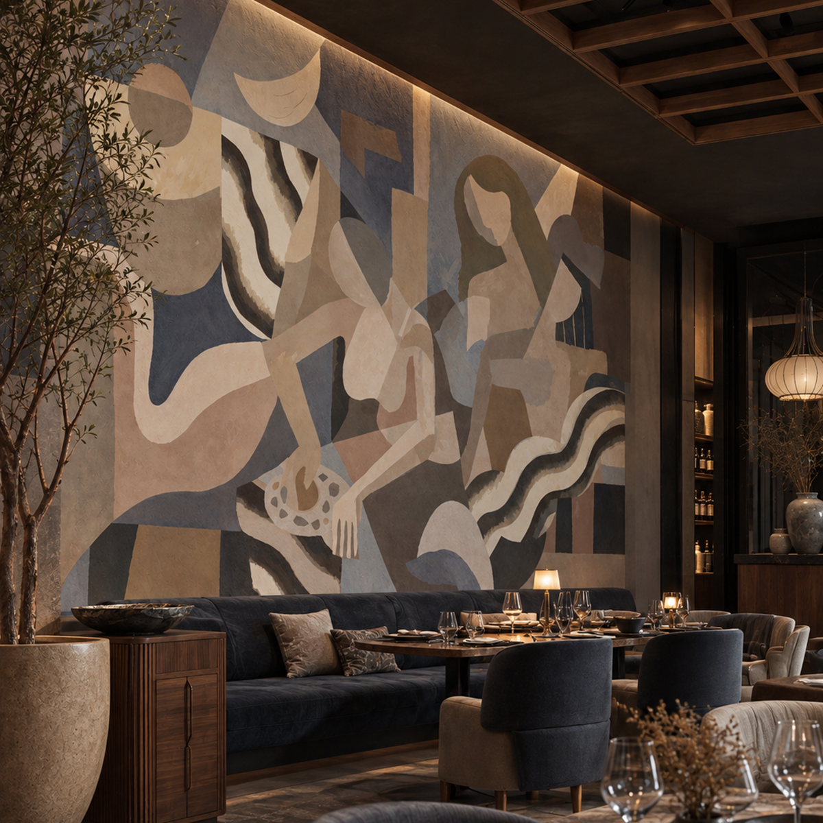 Lunar Smoke wallpaper mural shown in restaurant dining area with tables blue chairs