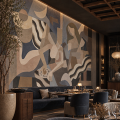 Lunar Smoke wallpaper mural shown in restaurant dining area with tables blue chairs