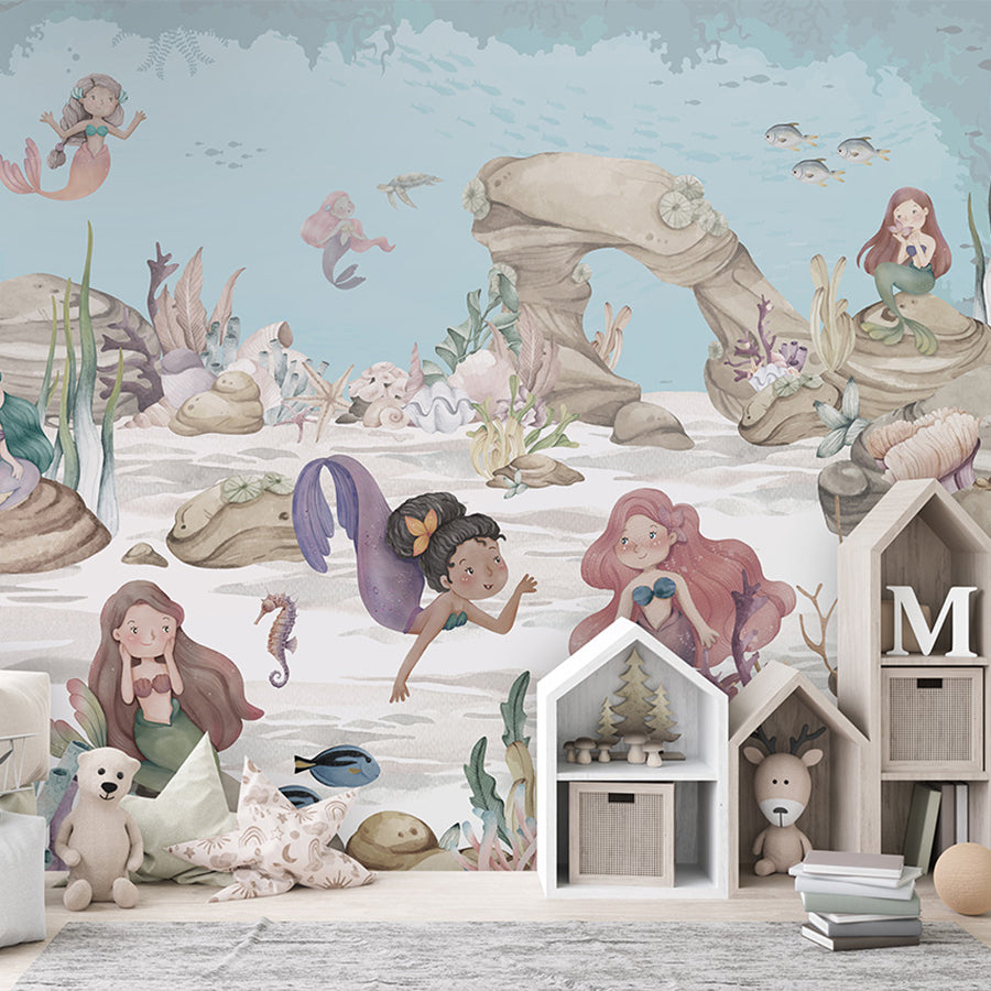 Mermaid Miracles wallpaper mural shown in a children's bedroom house shelves
