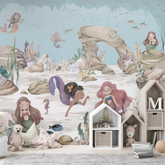 Mermaid Miracles wallpaper mural shown in a children's bedroom house shelves