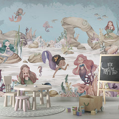 Mermaid Miracles wallpaper mural shown in a children's playroom chalkboard