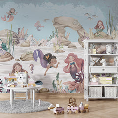 Mermaid Miracles wallpaper mural shown in a children's playroom table