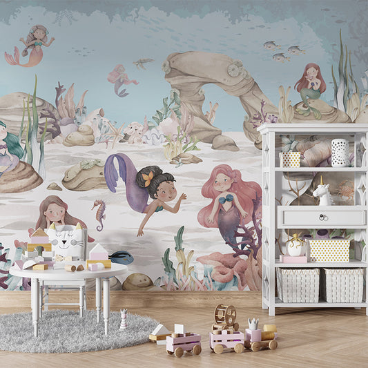 Mermaid Miracles wallpaper mural shown in a children's playroom table