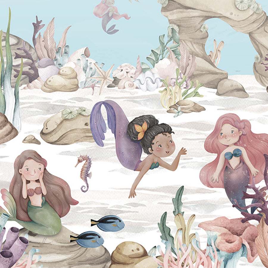 Close-up of the Mermaid Miracles wallpaper mural by Oliver Robins