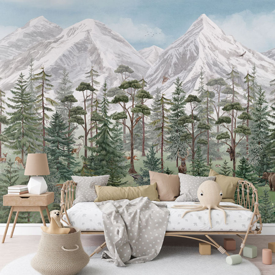 Mountain Forest wallpaper mural in a children’s bedroom rattan daybed