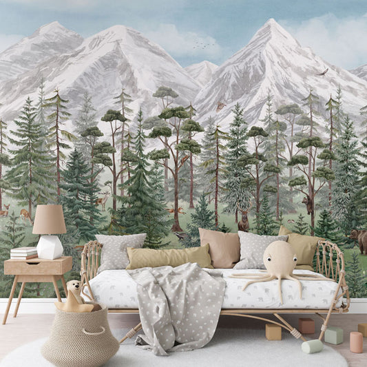 Mountain Forest wallpaper mural in a children’s bedroom rattan daybed