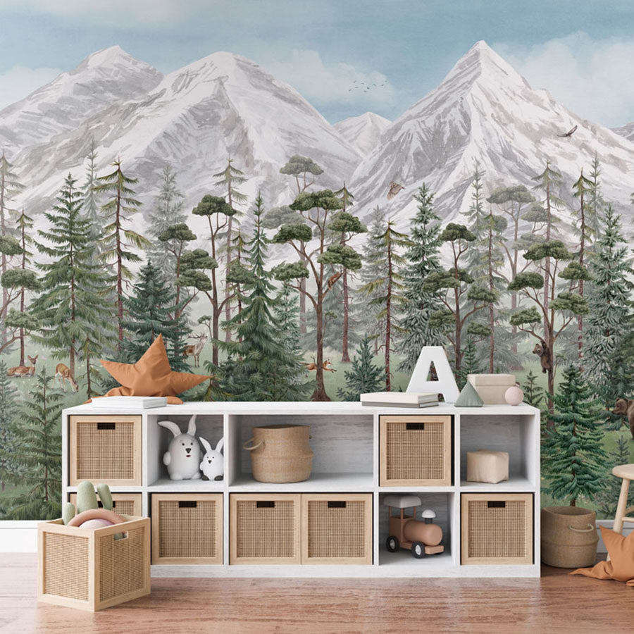 Mountain Forest wallpaper mural in a children’s playroom storage