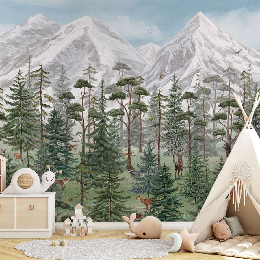 Mountain Forest wallpaper mural in a children’s playroom tipi