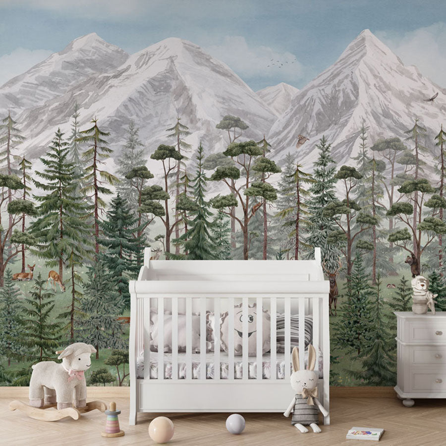 Mountain Forest wallpaper mural in a nursery cot