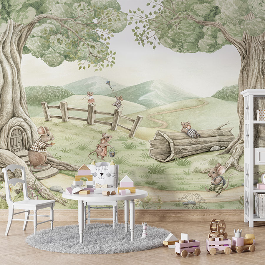 Mouse Family wallpaper mural in a children’s playroom table chairs