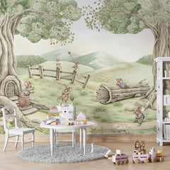 Mouse Family wallpaper mural in a children’s playroom table chairs