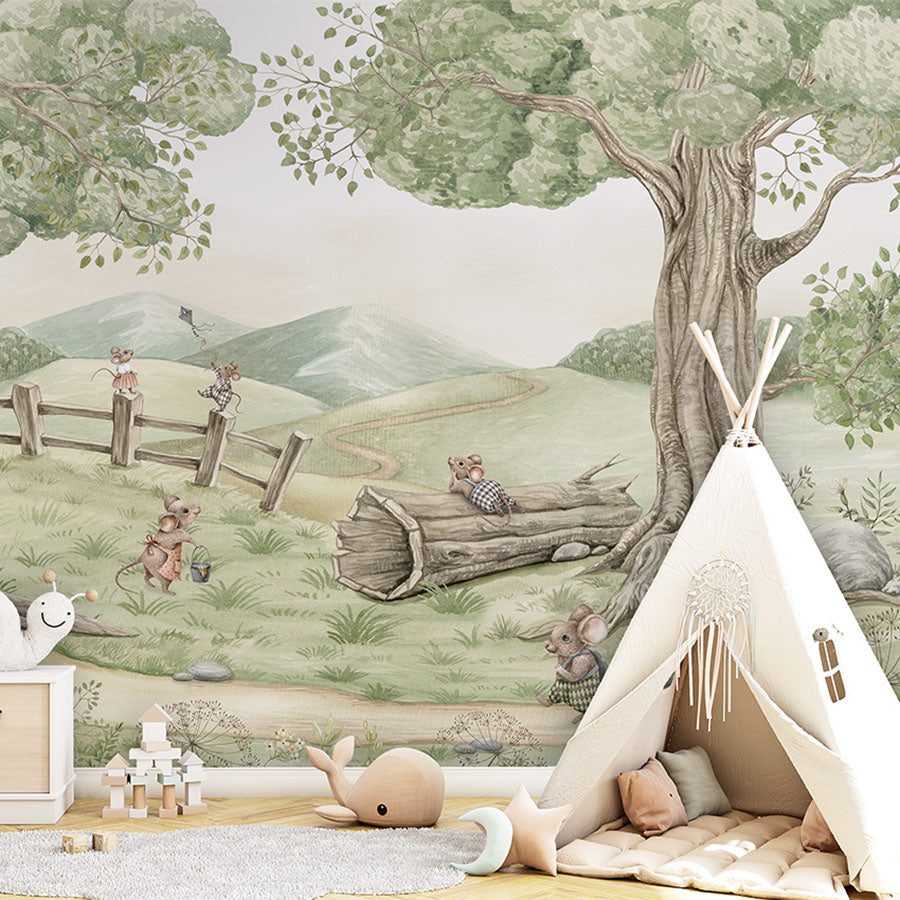 Mouse Family wallpaper mural in a children’s playroom tipi
