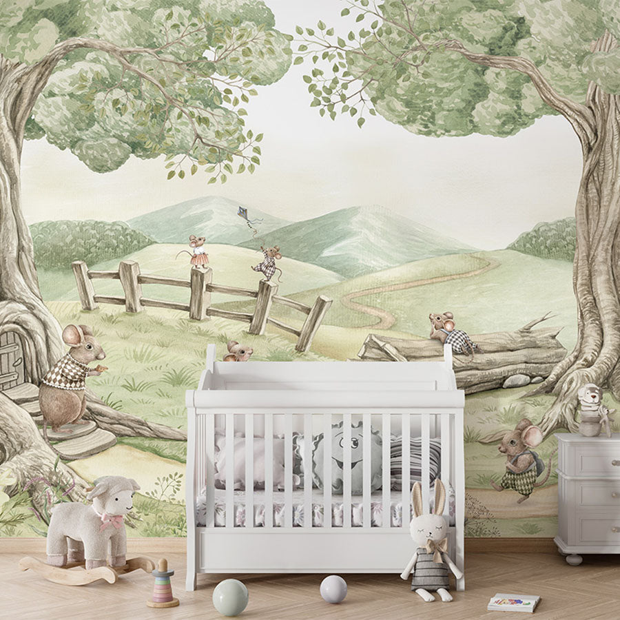 Mouse Family wallpaper mural in a nursery cot