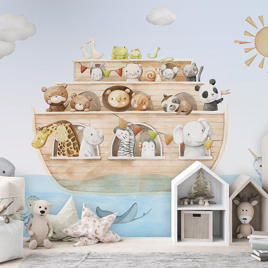 Noah’s Journey wallpaper mural shown in a children's bedroom house shelves