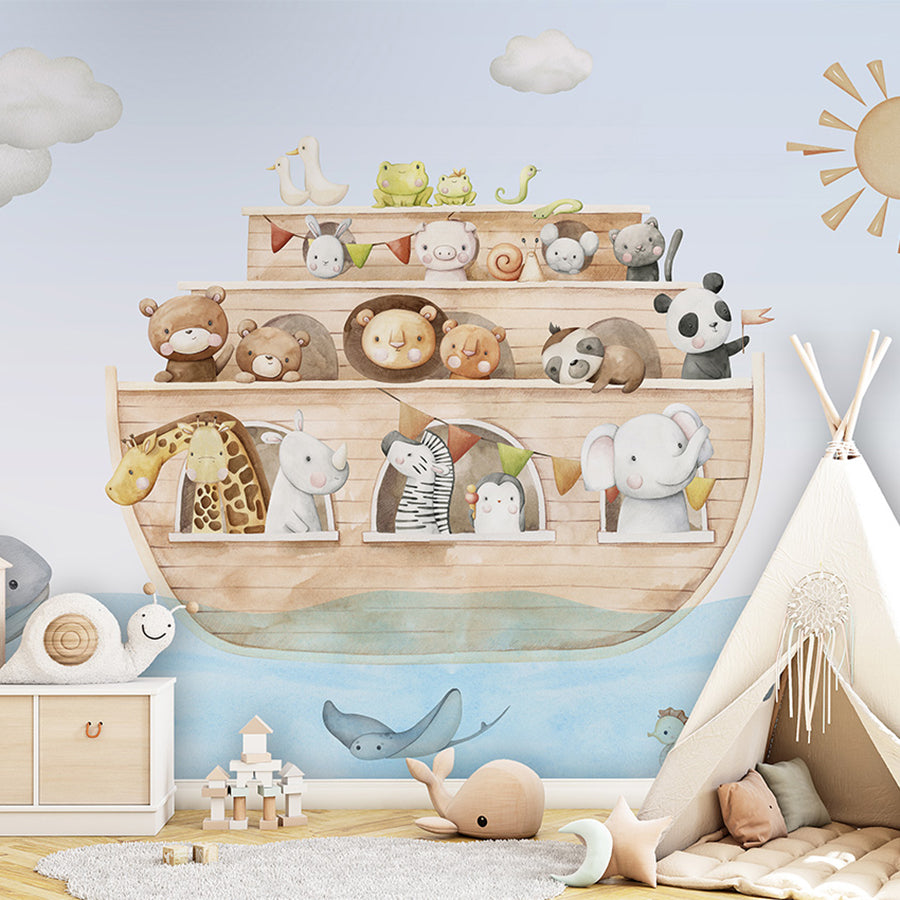 Noah’s Journey wallpaper mural shown in a children's bedroom teepee