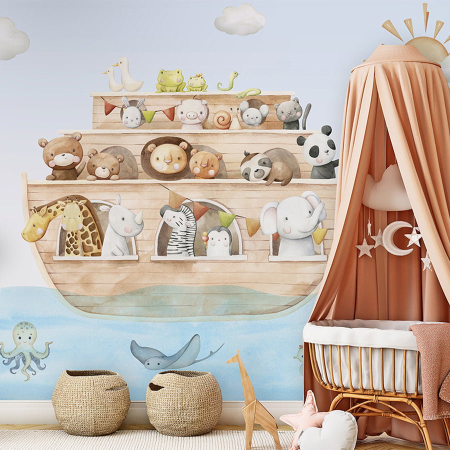 Noah’s Journey wallpaper mural shown in a children's nursery canopy crib
