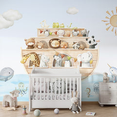 Noah’s Journey wallpaper mural shown in a children's nursery crib
