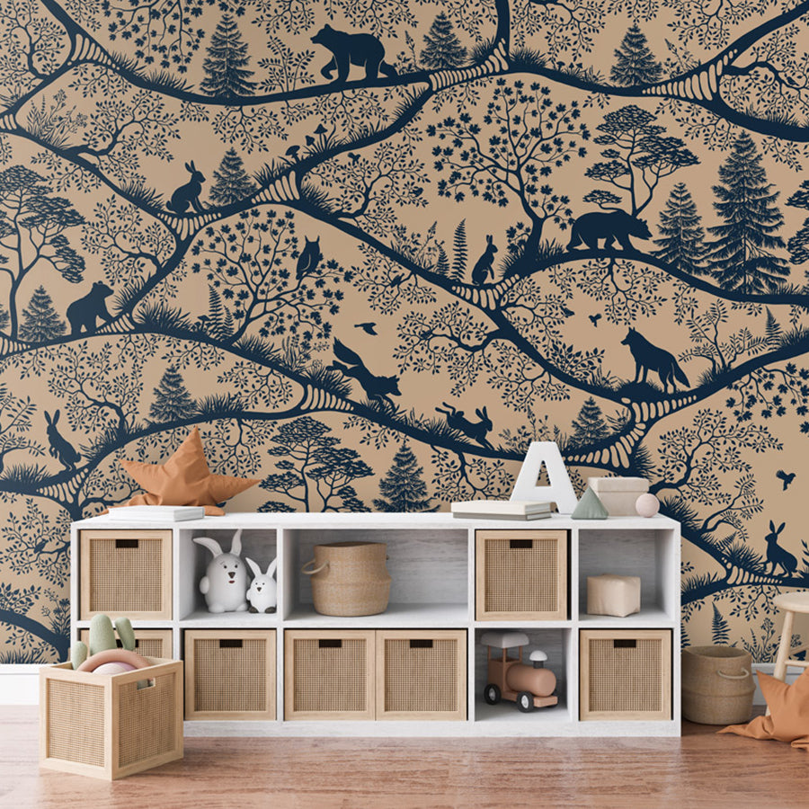Nordic Nature – Beige Blue wallpaper mural shown in a children's bedroom dresser