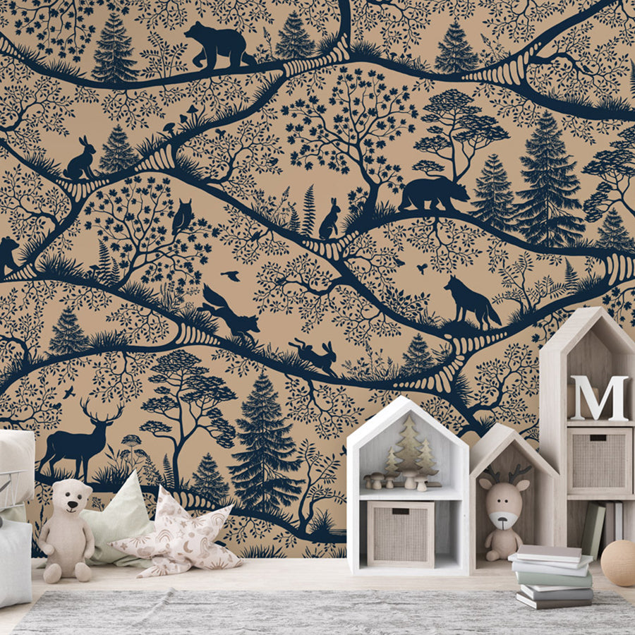 Nordic Nature – Beige Blue wallpaper mural shown in a children's bedroom house shelves