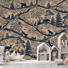 Nordic Nature – Beige Blue wallpaper mural shown in a children's bedroom house shelves