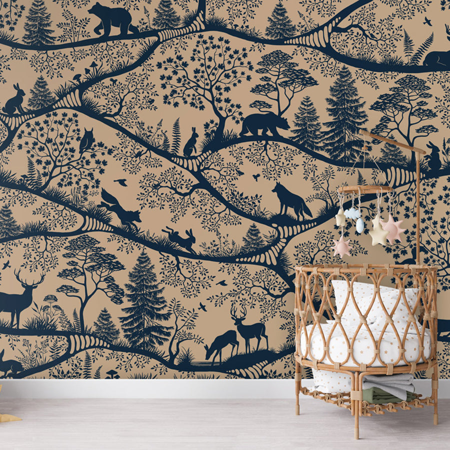 Nordic Nature – Beige Blue wallpaper mural shown in a children's nursery crib