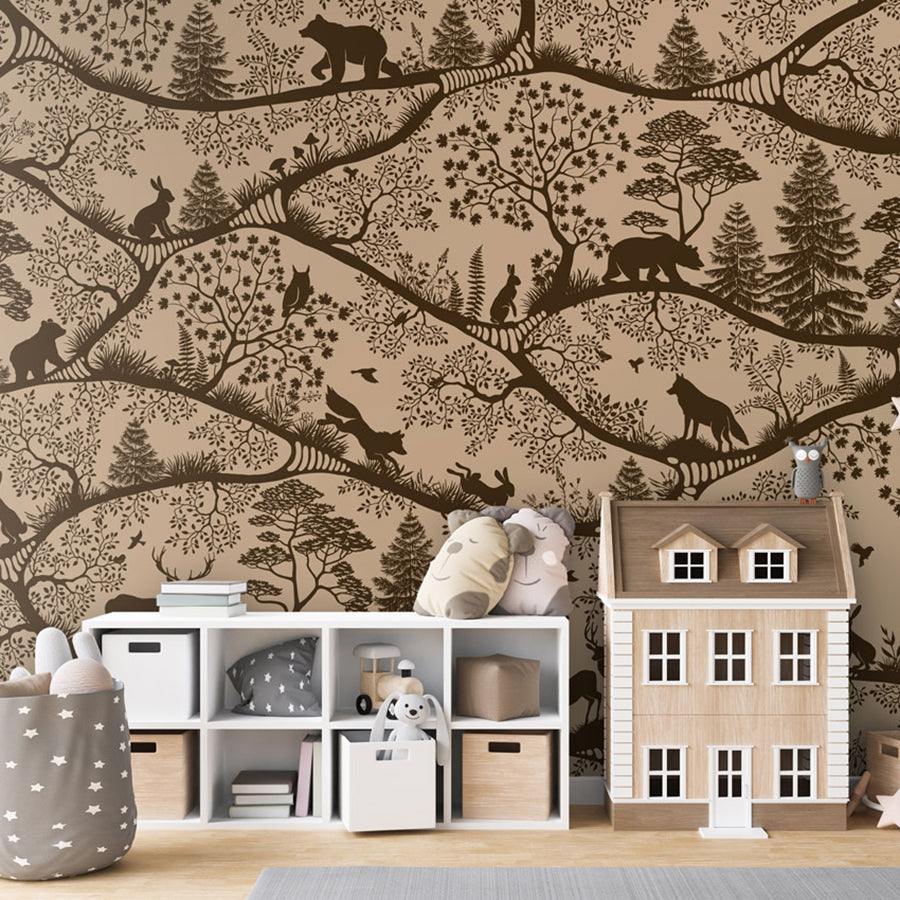 Nordic Nature – Beige Brown wallpaper mural shown in a children's bedroom house bed