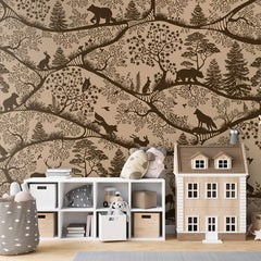Nordic Nature – Beige Brown wallpaper mural shown in a children's bedroom house bed