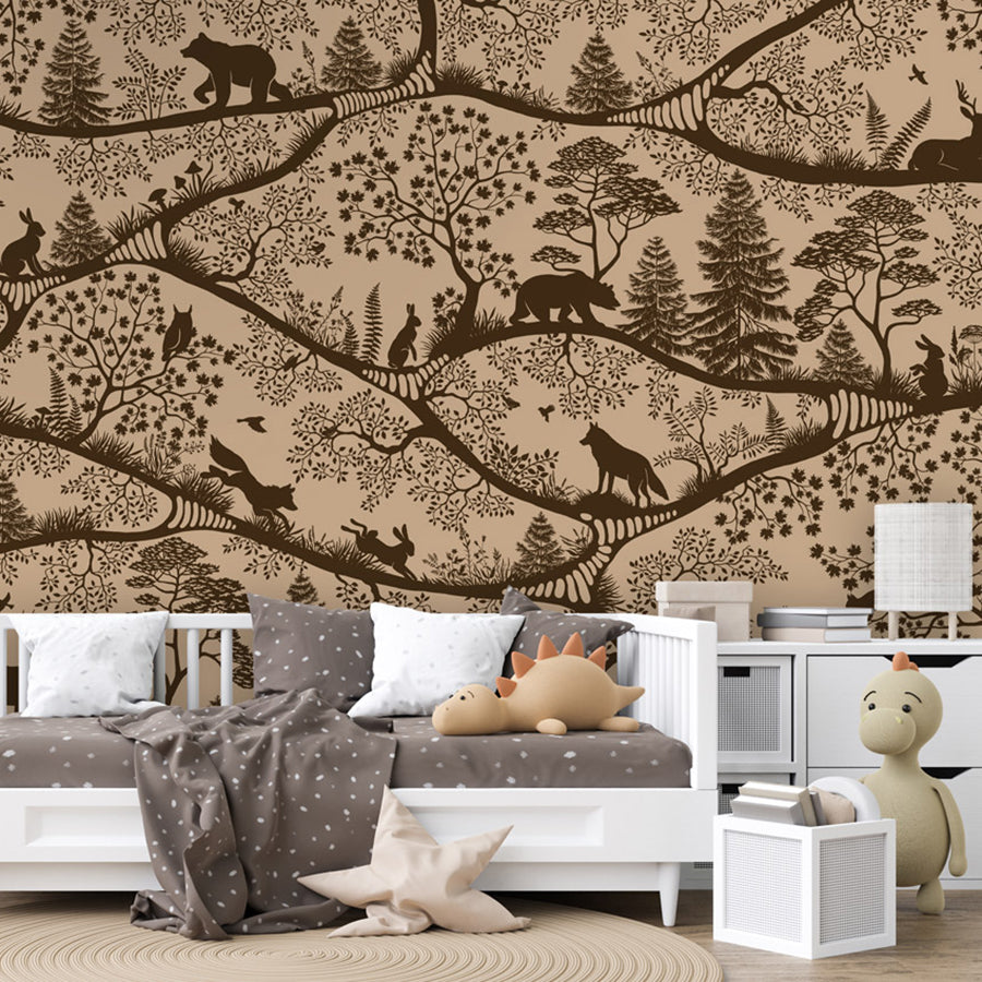 Nordic Nature – Beige Brown wallpaper mural shown in a children's bedroom sofa