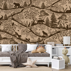 Nordic Nature – Beige Brown wallpaper mural shown in a children's bedroom sofa