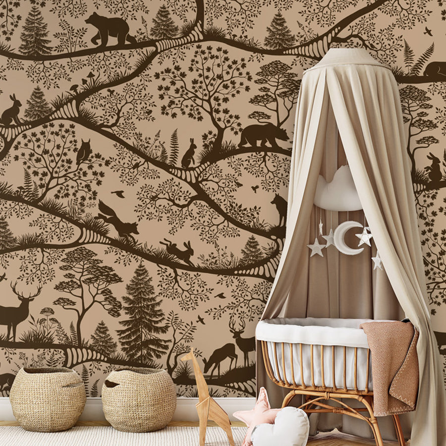 Nordic Nature – Beige Brown wallpaper mural shown in a children's nursery canopy crib
