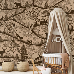 Nordic Nature – Beige Brown wallpaper mural shown in a children's nursery canopy crib