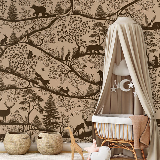 Nordic Nature – Beige Brown wallpaper mural shown in a children's nursery canopy crib