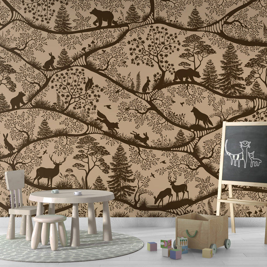 Nordic Nature – Beige Brown wallpaper mural shown in a children's playroom chalkboard