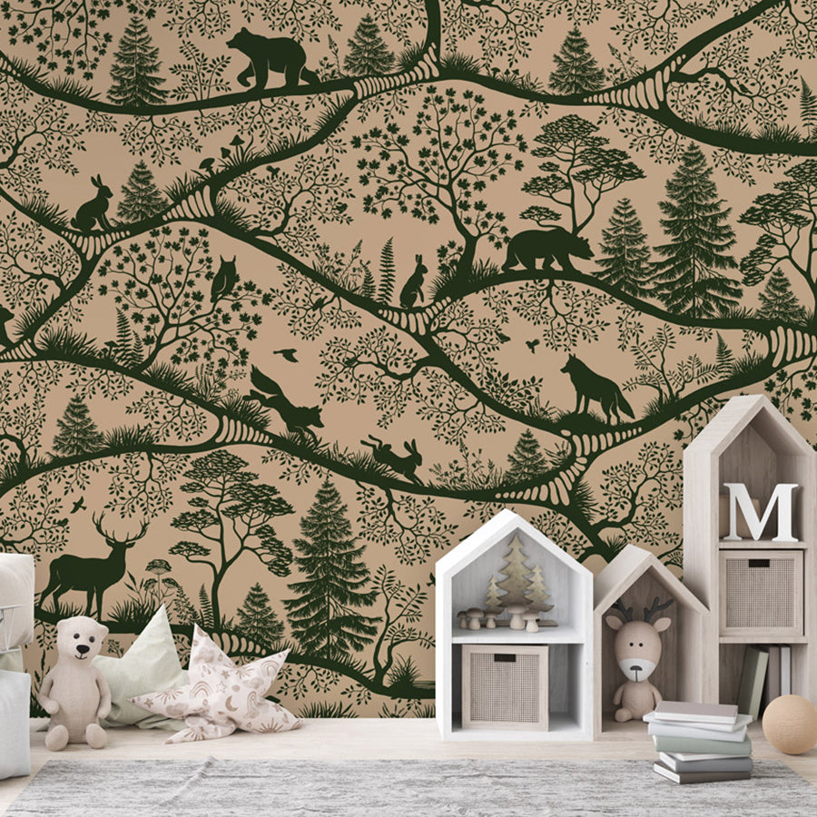 Nordic Nature – Beige Green wallpaper mural shown in a children's bedroom house shelves