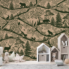 Nordic Nature – Beige Green wallpaper mural shown in a children's bedroom house shelves