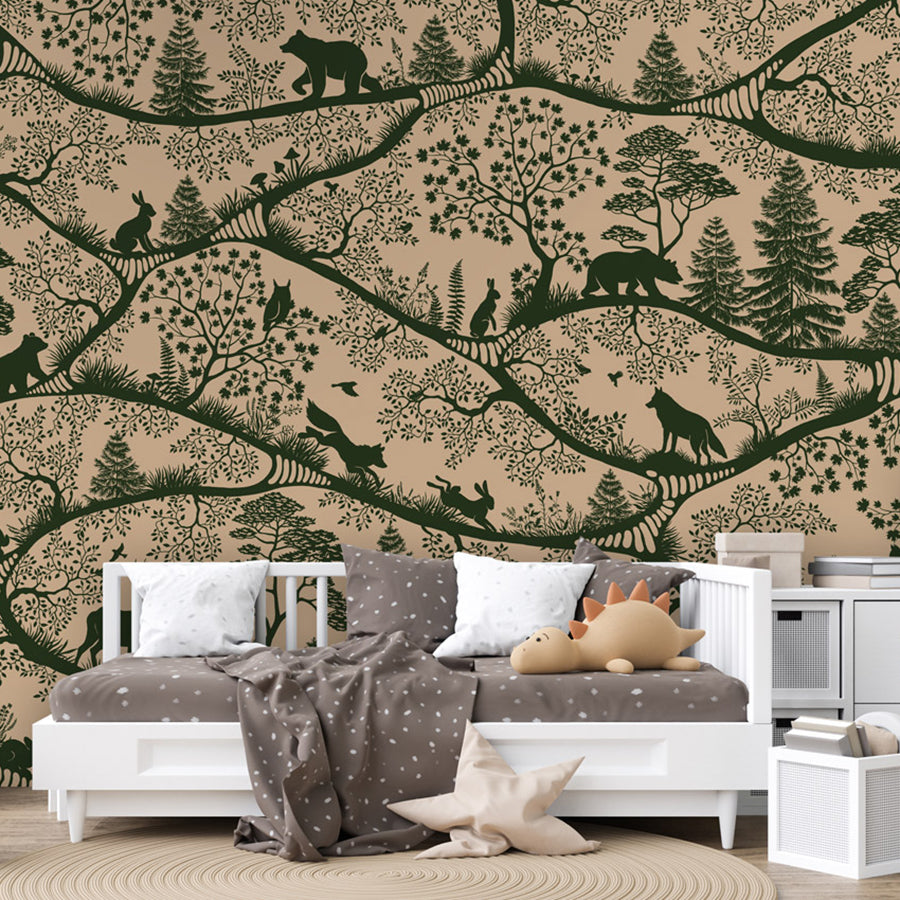 Nordic Nature – Beige Green wallpaper mural shown in a children's bedroom sofa