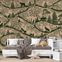 Nordic Nature – Beige Green wallpaper mural shown in a children's bedroom sofa