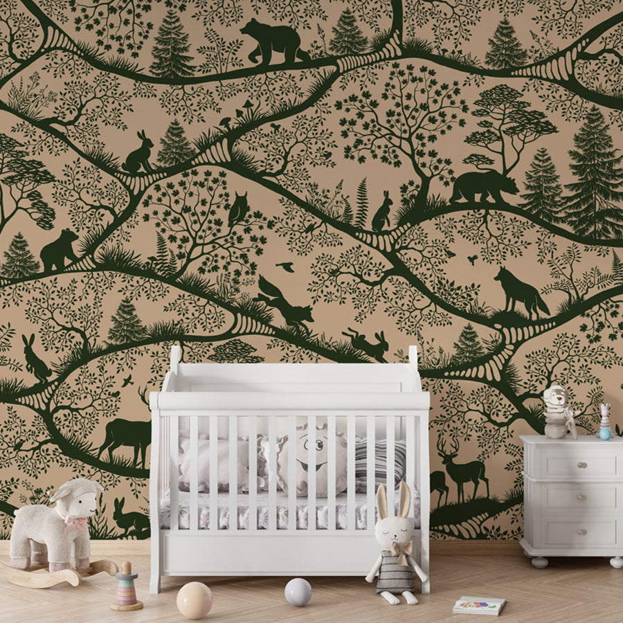 Nordic Nature – Beige Green wallpaper mural shown in a children's nursery crib