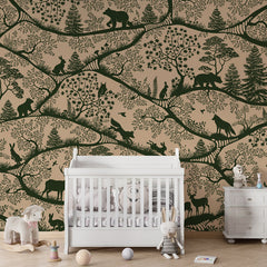 Nordic Nature – Beige Green wallpaper mural shown in a children's nursery crib