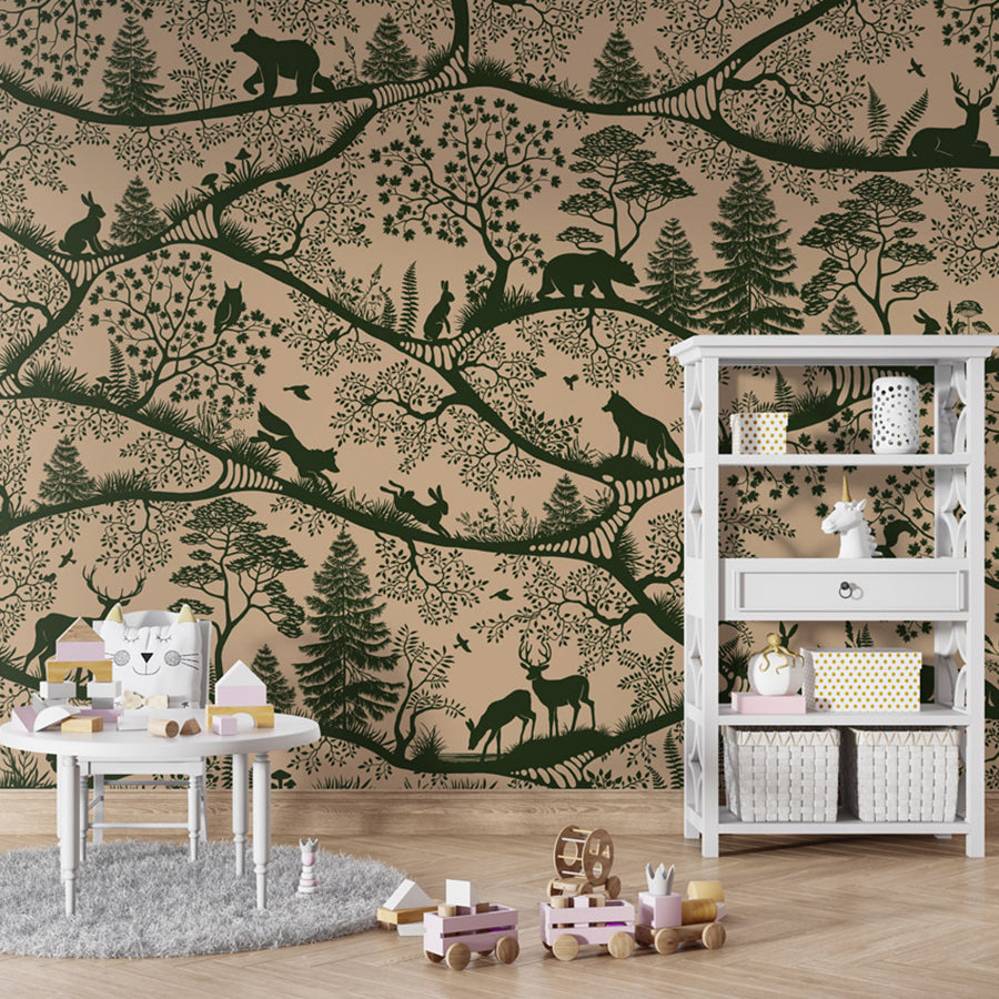 Nordic Nature – Beige Green wallpaper mural shown in a children's playroom table