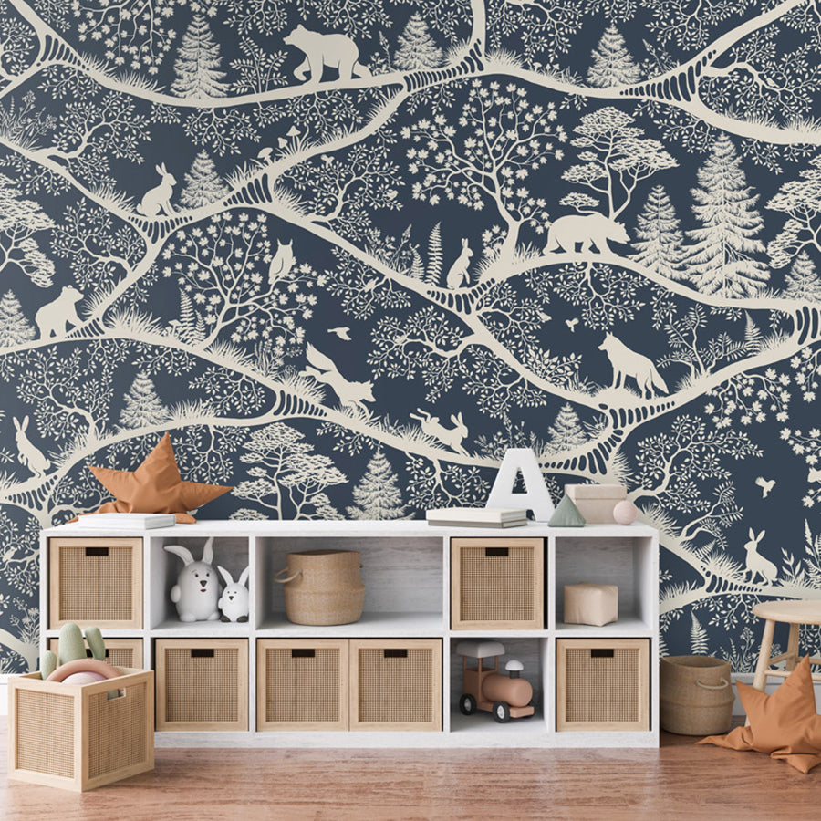 Nordic Nature – Blue White wallpaper mural shown in a children's bedroom dresser