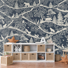 Nordic Nature – Blue White wallpaper mural shown in a children's bedroom dresser