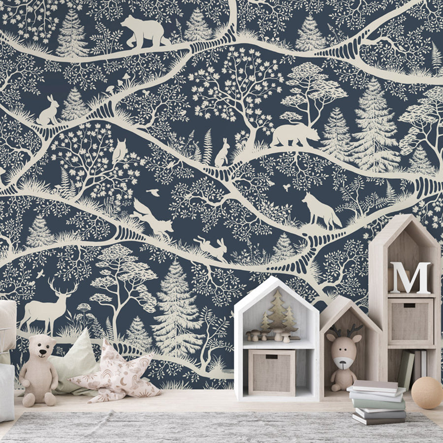 Nordic Nature – Blue White wallpaper mural shown in a children's bedroom house shelves