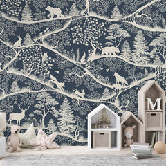 Nordic Nature – Blue White wallpaper mural shown in a children's bedroom house shelves