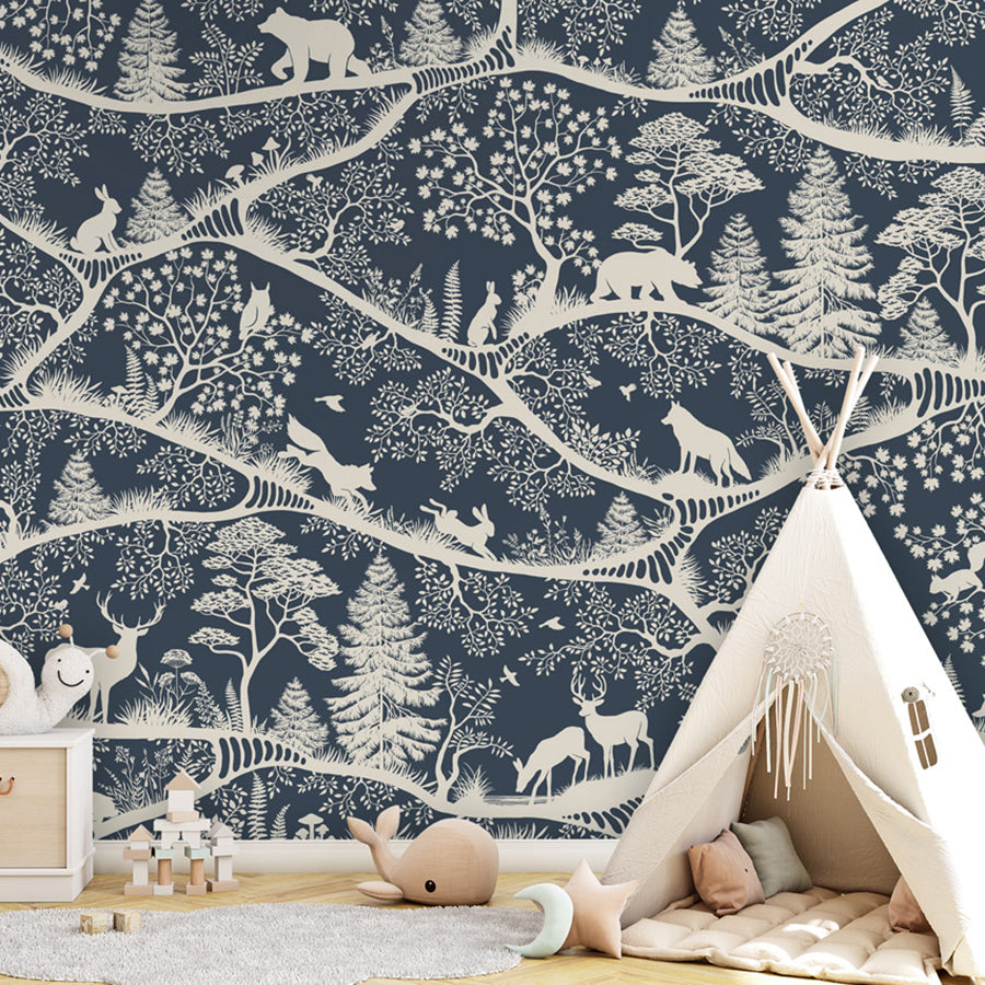 Nordic Nature – Blue White wallpaper mural shown in a children's bedroom teepee