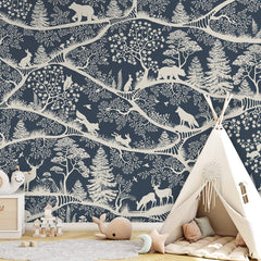 Nordic Nature – Blue White wallpaper mural shown in a children's bedroom teepee