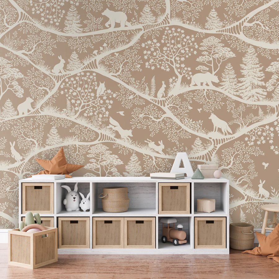 Nordic Nature – Brown White wallpaper mural shown in a children's bedroom dresser