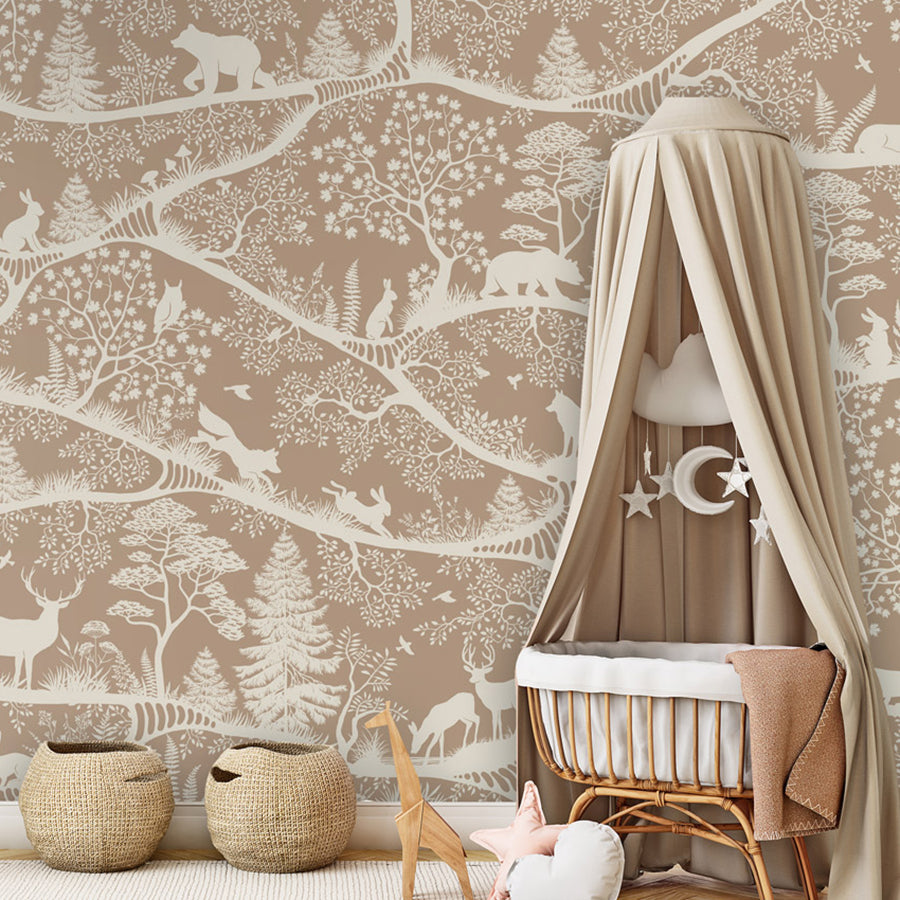 Nordic Nature – Brown White wallpaper mural shown in a children's nursery canopy crib