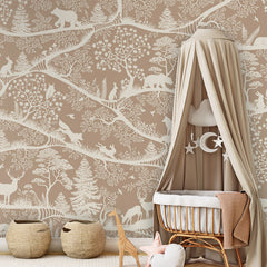 Nordic Nature – Brown White wallpaper mural shown in a children's nursery canopy crib