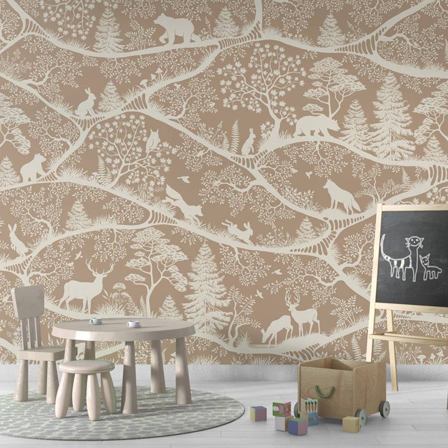 Nordic Nature – Brown White wallpaper mural shown in a children's playroom chalkboard